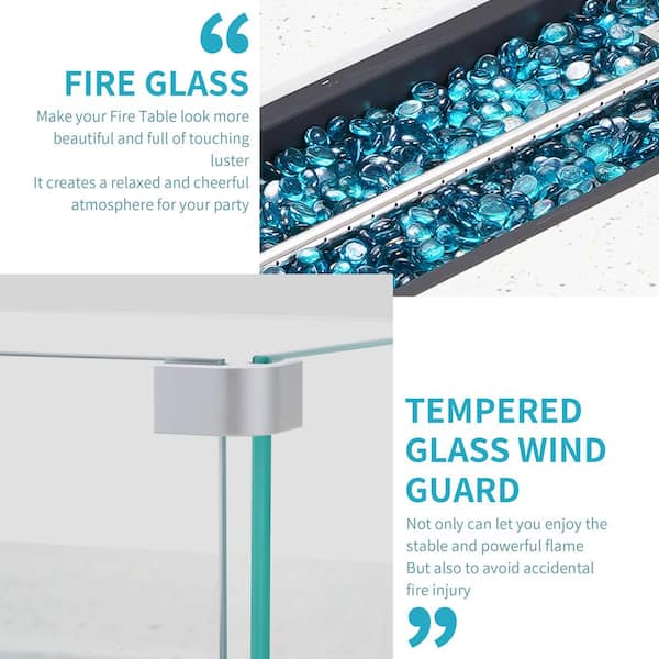 56 in. 50000 BTU Large White Rectangle Composite GRFC Fire Pit Table with Glass Wind Guard and Water-Resistent Cover