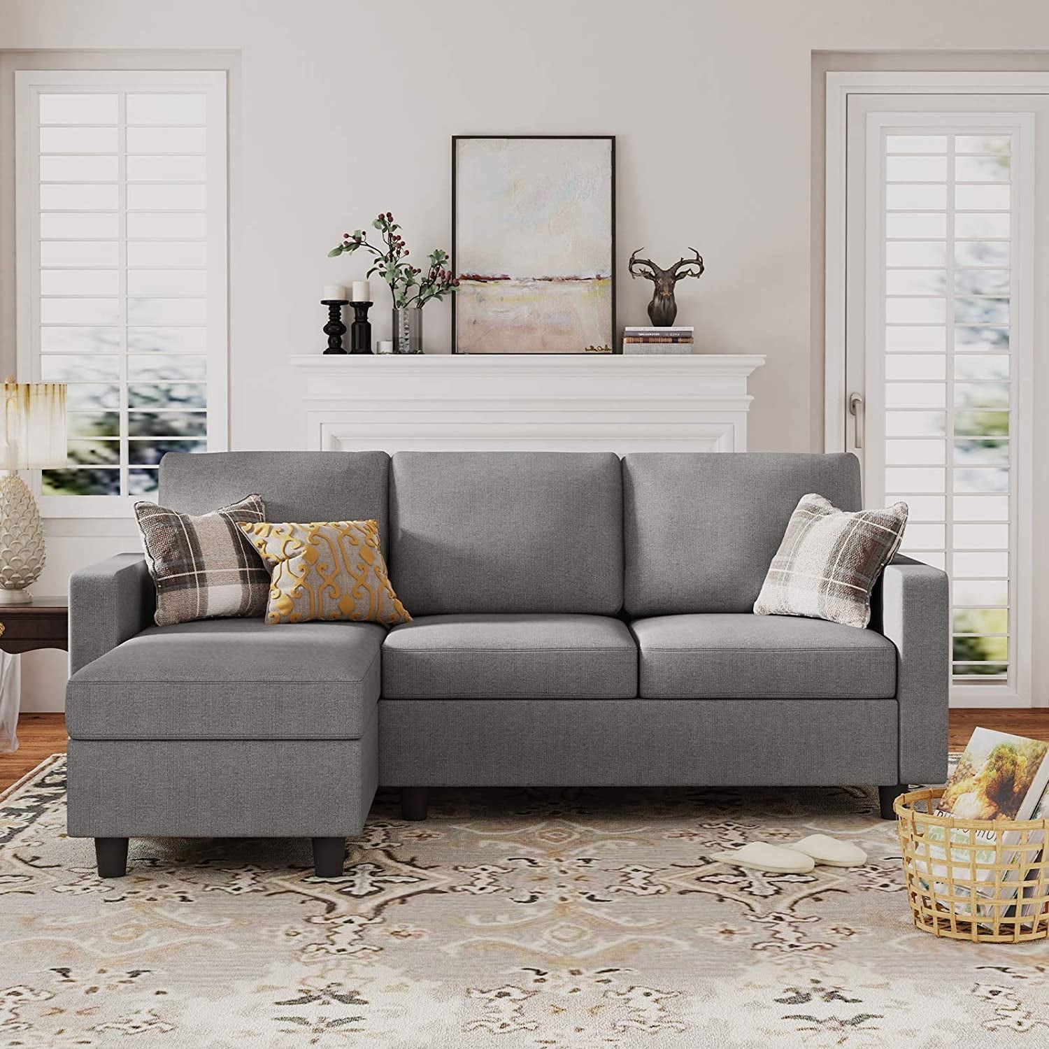 HONBAY Dryades L-Shaped Sectional Sofa, Gray Fabric