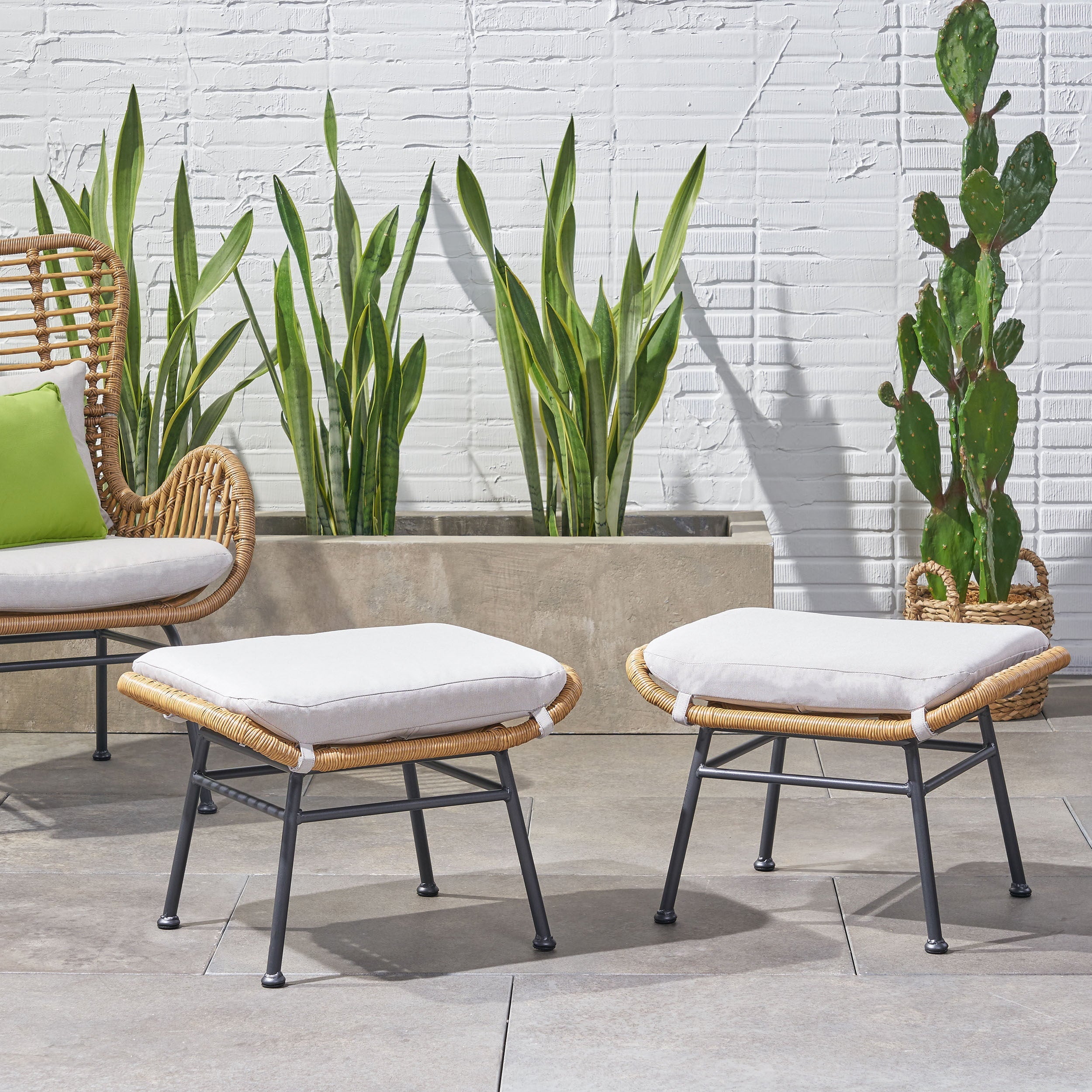 Gloria Outdoor Modern Boho Wicker Ottoman with Cushions (Set of 2)