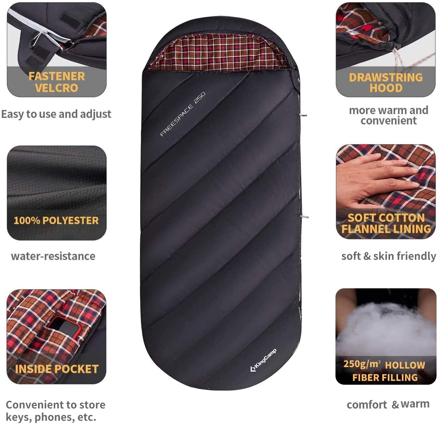 KingCamp XL Camping Sleeping Bags 3 Seasons Oversized Lightweight 100% Cotton Flannel Sleeping Bag Black