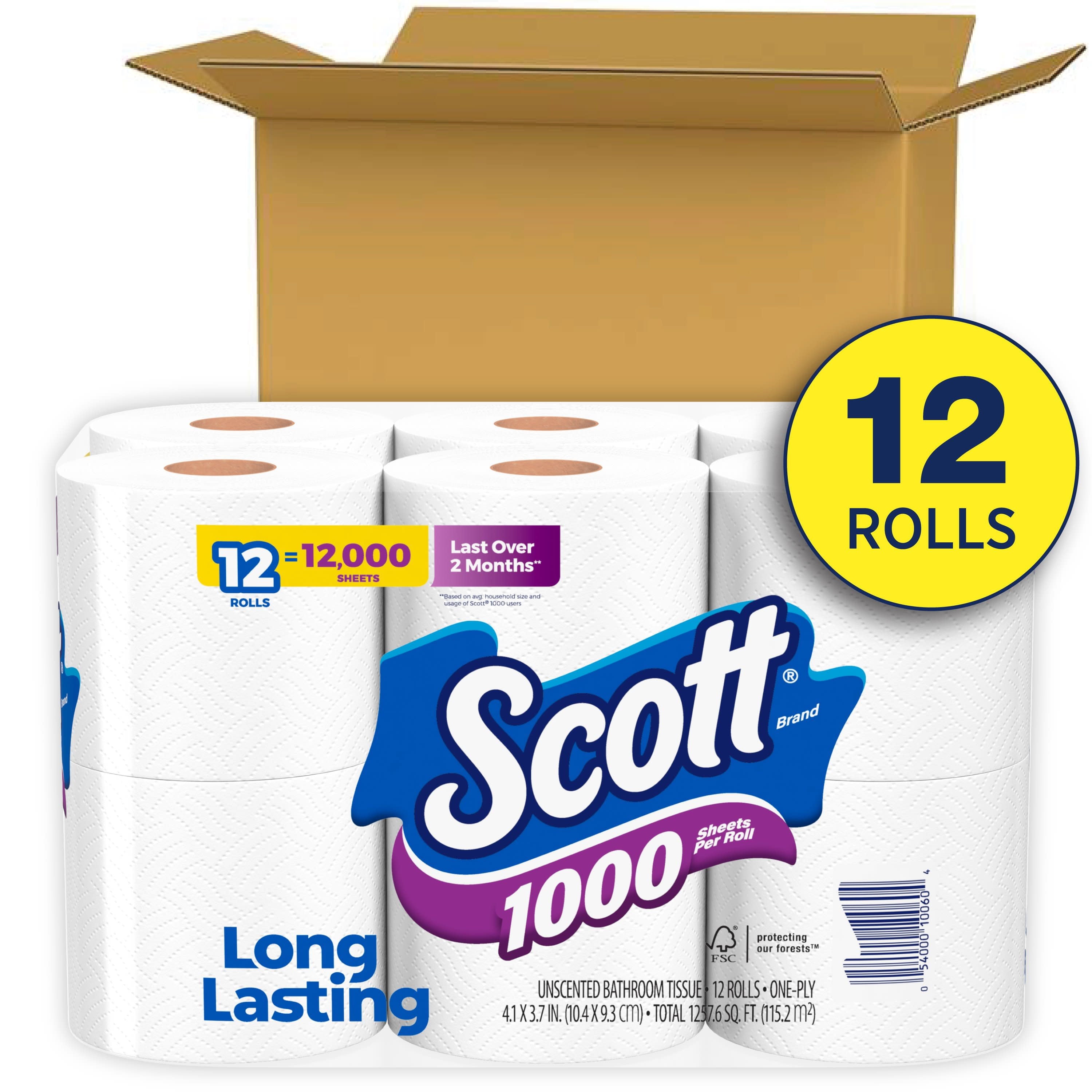 Scott 1000 Toilet Paper, 12 Rolls, 1000 Sheets Per Roll (12000 Sheets Total)