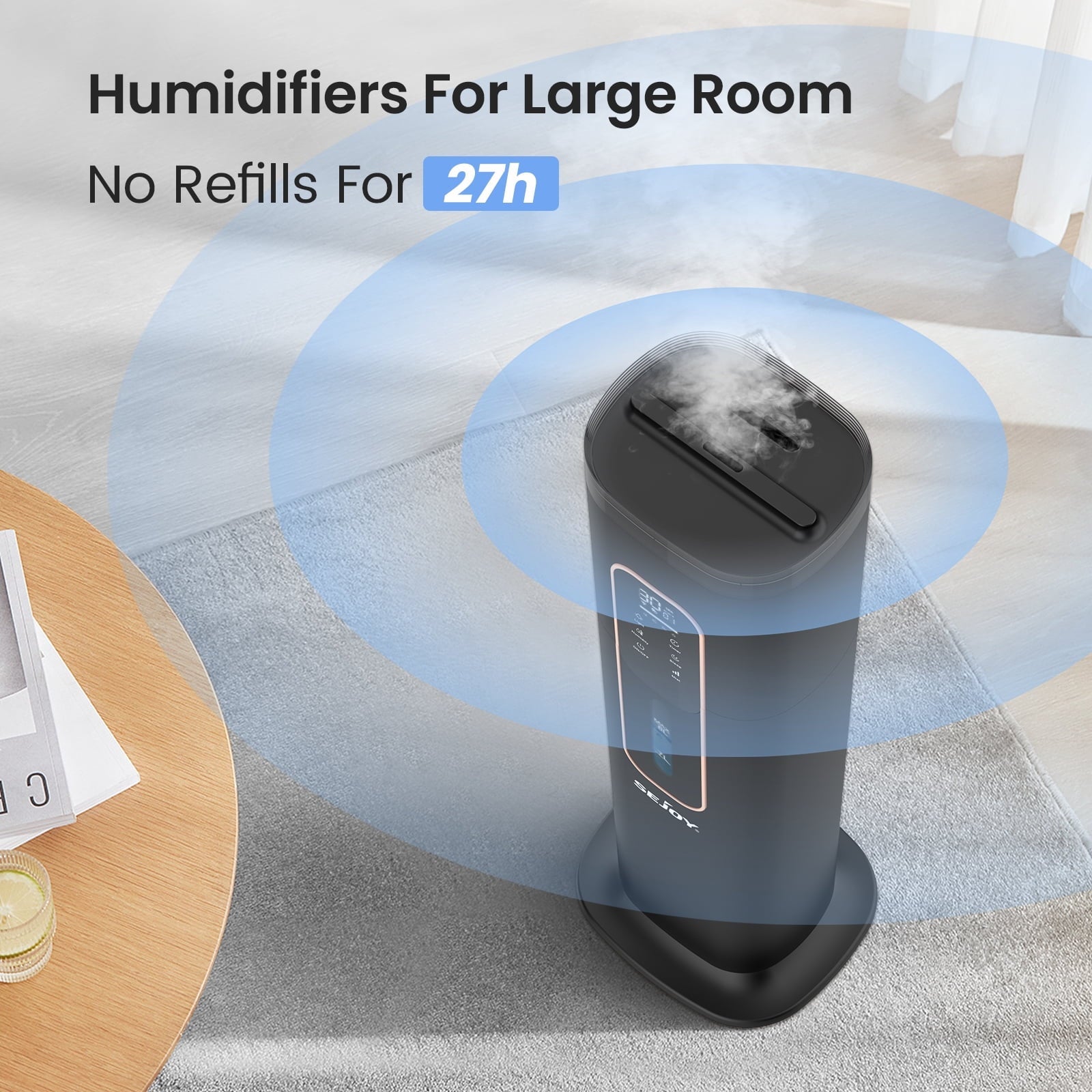 Sejoy Humidifiers for Bedroom Large Room Home，2.1GAL/8L Top Fill Floor Ultrasonic Humidifiers with 3 Mist Speed,Remote,Quiet Humidification for Plants and Baby Infant,Black