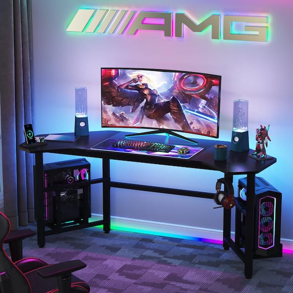 Havrvin 66-in. Wing-Shaped Black MDF Gaming Desk, Computer Desk Studio Workstation Pc Desk Gamer Table for Streamer
