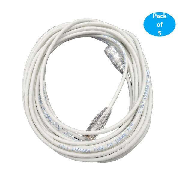15 ft. Cat 6A 28 AWG Ultra Slim Patch Cable, White (5-Pack)