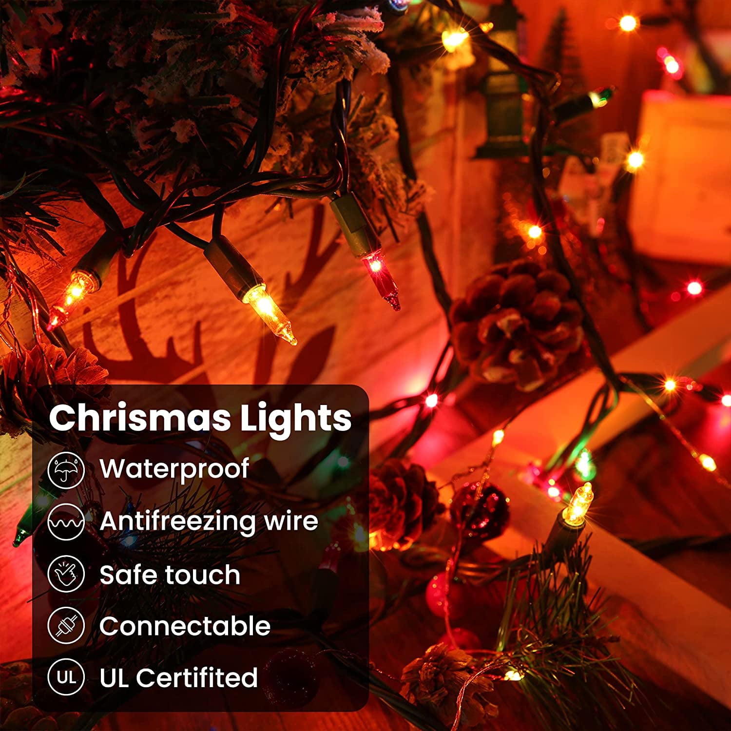 Toodour Multicolor Christmas Lights, 49.6ft 150-Count Mini Incandescent String Lights with UL Certified, Connectable Green Wire Xmas Tree Lights for Indoor & Outdoor Christmas Decorations