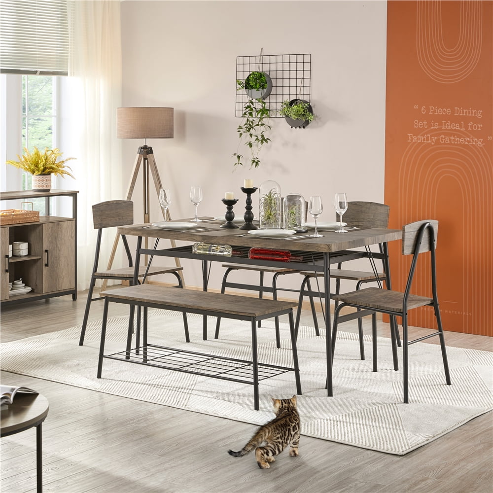 Easyfashion Dining Table Set with 4 Chairs and 1 Bench, Drift Brown