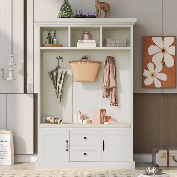 Multi-Functional 47.2 in. Hallway Hall Tree Storage Cabinet with 3 Metal Hooks, Entryway Coat Rack, Shoe Cubbies, Beige