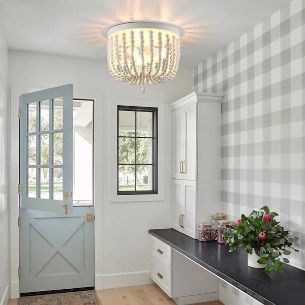 12.6 in. 3-Light Bohemia Antique White Wood Beaded Flush Mount Ceiling Light