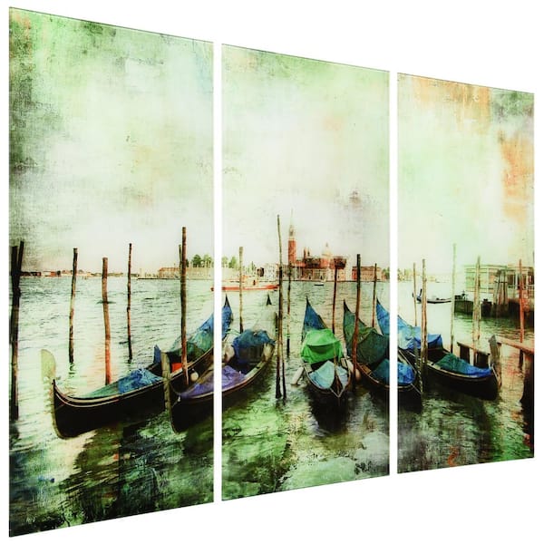 Venice Gondolas Frameless Free Floating Tempered Glass Panel Graphic City View Wall Art Set of 3, each 72