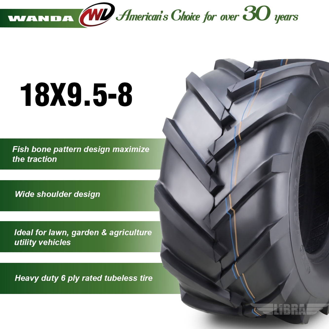 WANDA 18x9.5-8 Lawn Mower Agriculture Farm Tractor Cart Turf Tires 6 ply 18x9.5x8 -Set 2 -13070