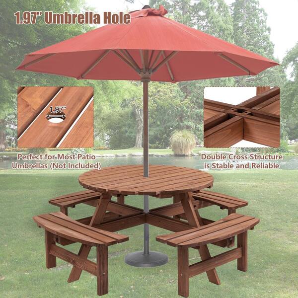 70.07 in. W Brown Solid Wood 8 Person Wooden Picnic Table Garden DIY w/4 Built-in Benches