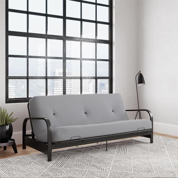 Cleo Black Metal Arm Full Size Futon with 6 in. Herringbone Thermobonded High Density Polyester Fill Futon Mattress