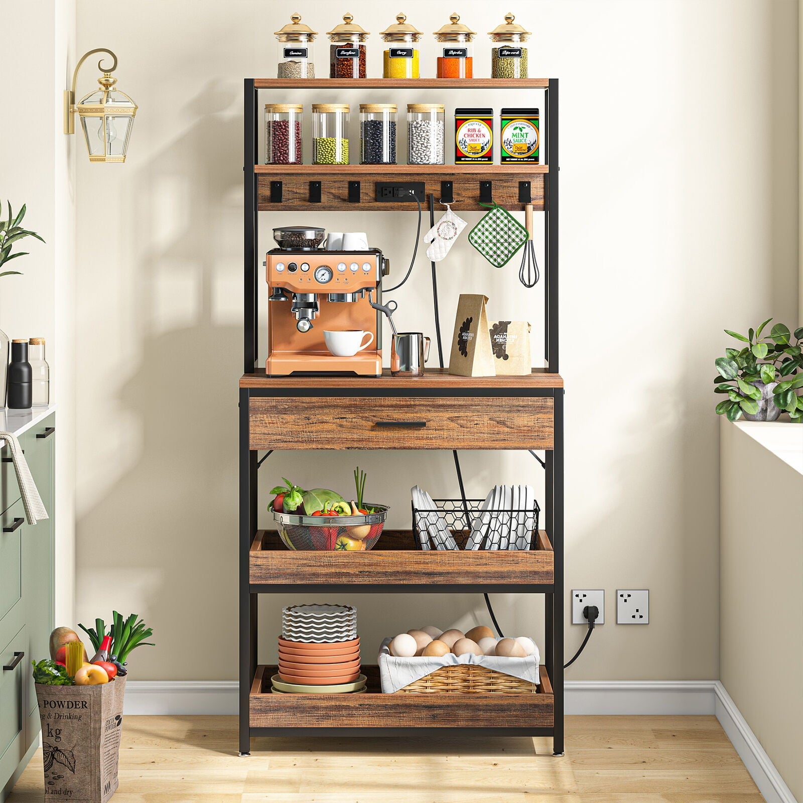 Tribesigns Kitchen Bakers Rack with Power Outlets, 5 Tier Microwave Oven Stand with Drawer, Sliding Shelves & Hooks, Rustic Brown