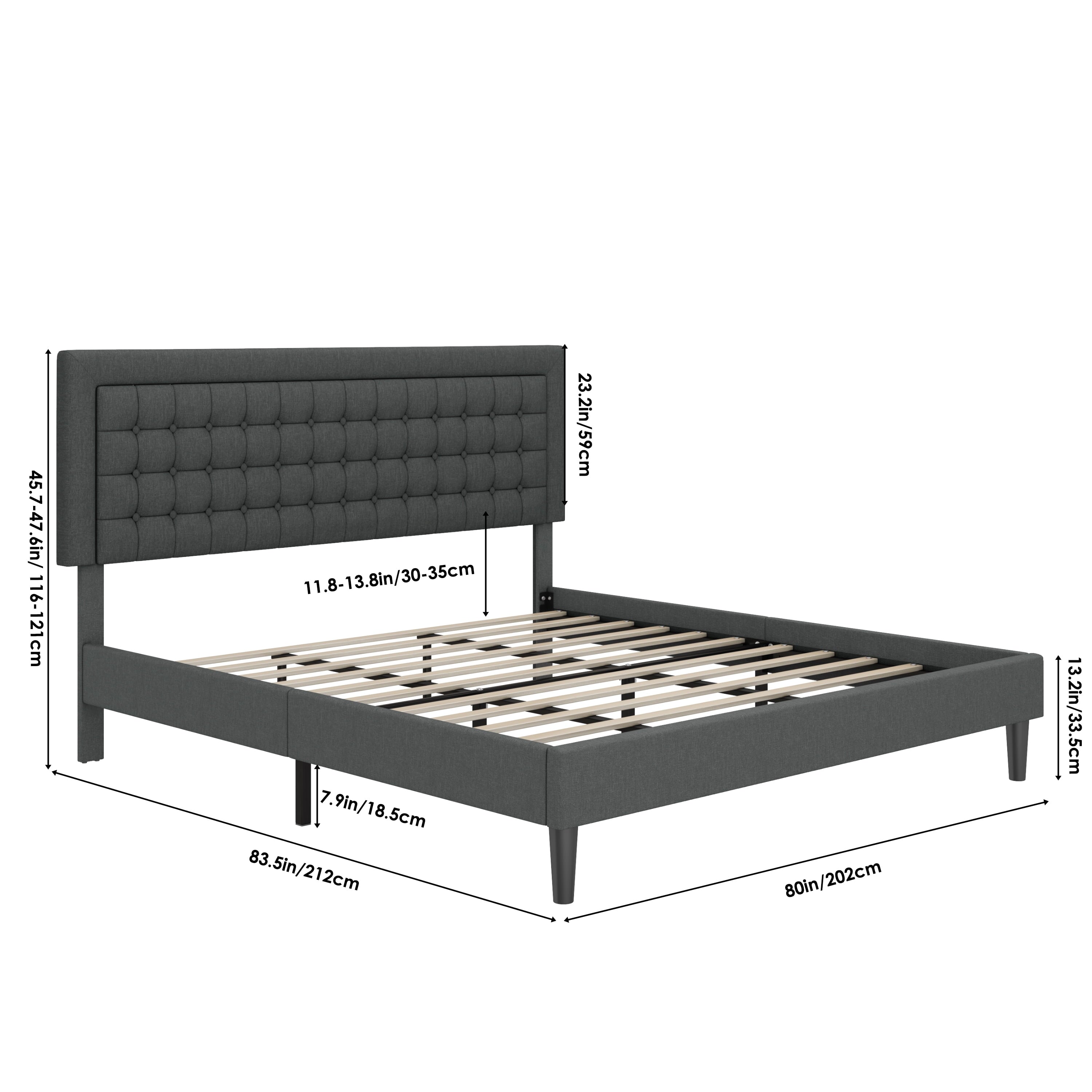 Homfa King Size Bed Frame, Modern Platform Bed Frame with Adjustable Button Tufted Upholstered Headboard, Wood Slat Support, Gray
