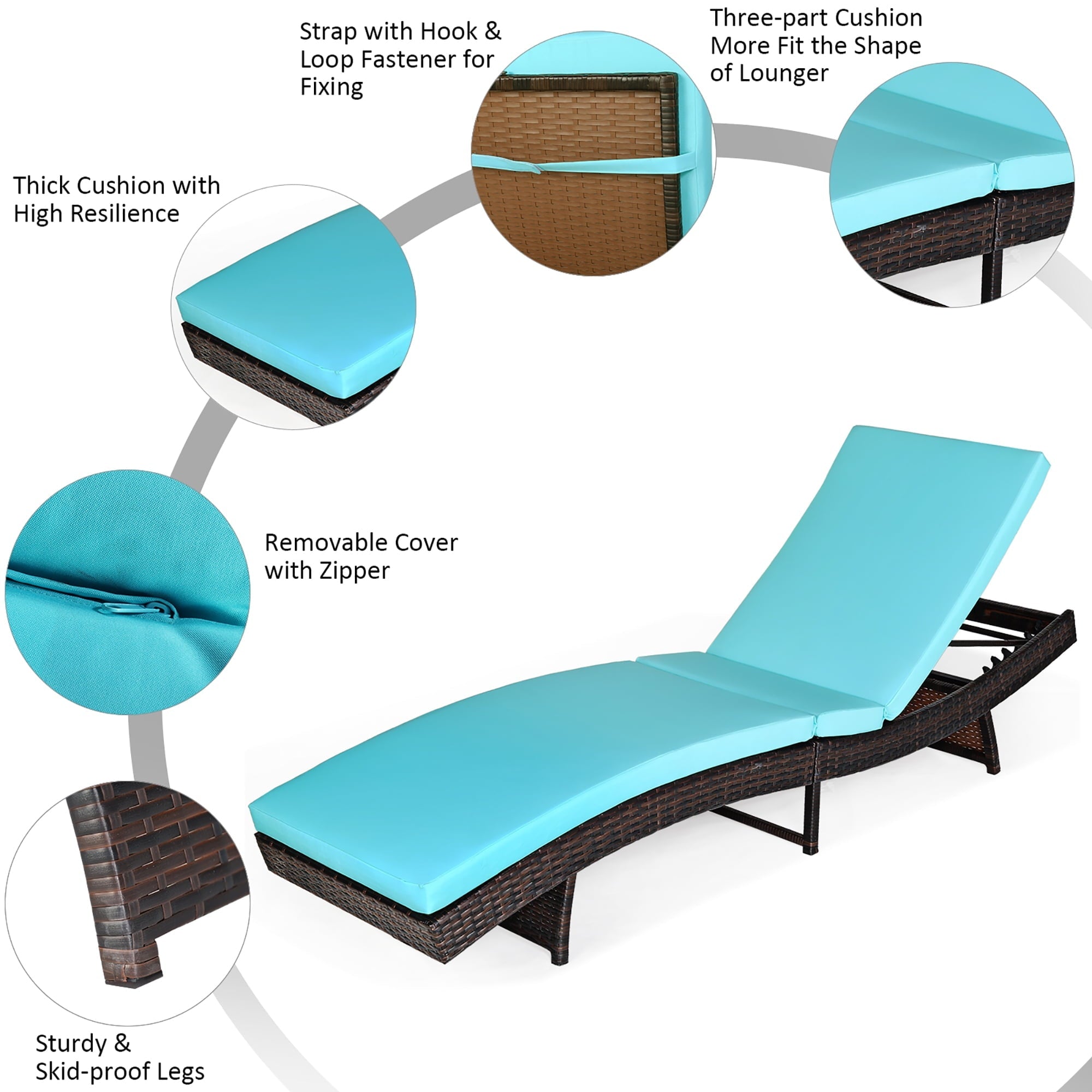 Costway Patio Rattan Folding Lounge Chair Chaise Adjustable W/Turquoise Cushion