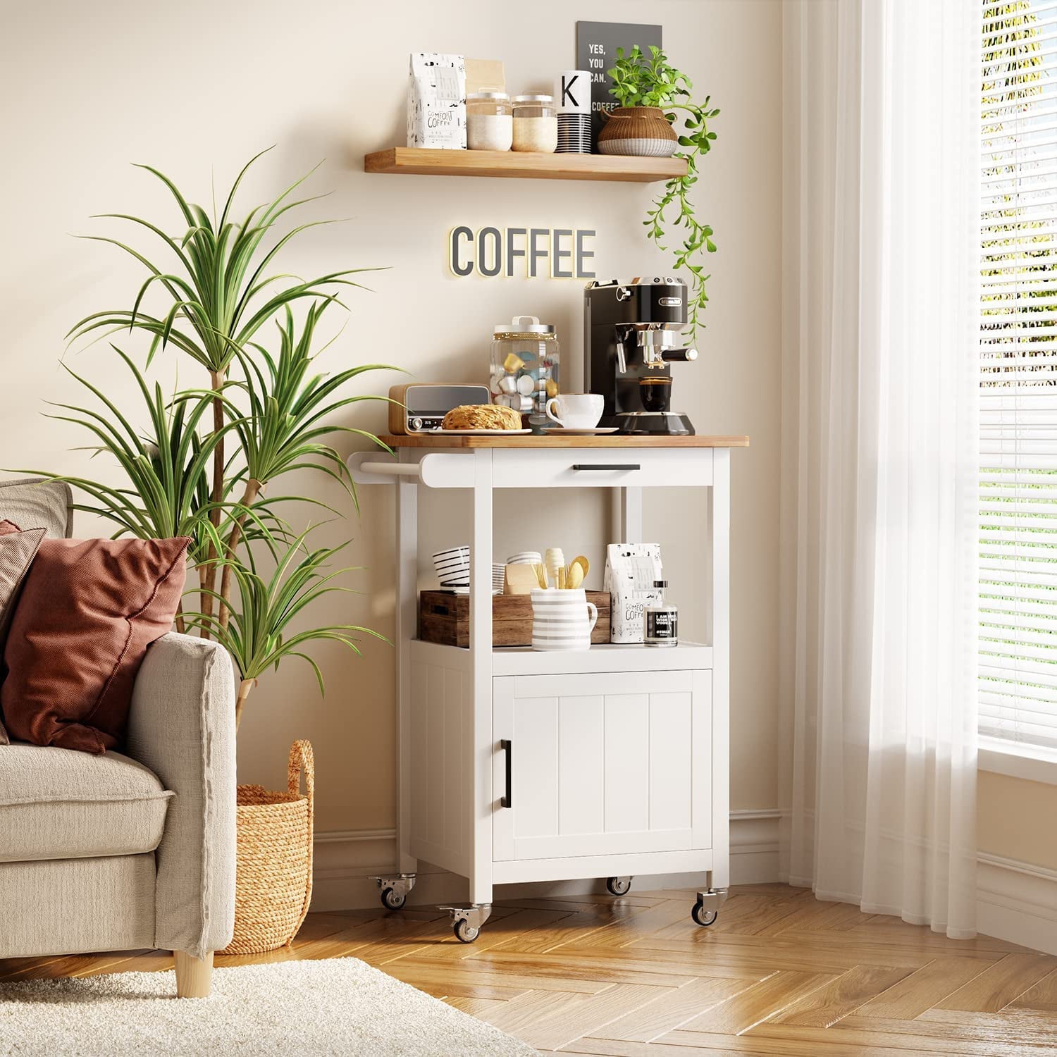 Rolling Kitchen Cart with Small Storage, Easy Movement, White