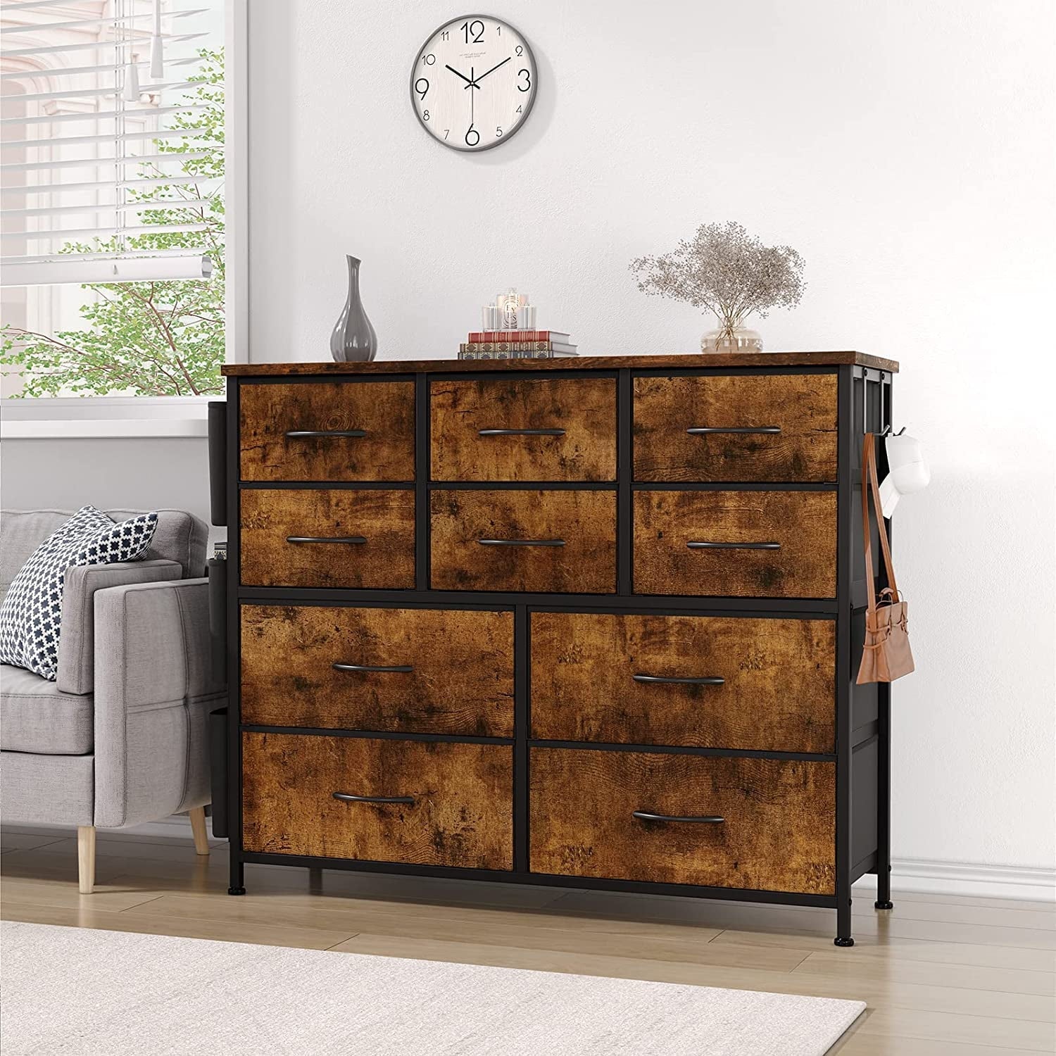 Dresser for Bedroom with 10 Drawer, Dressers & Chests of Drawers for Hallway, Entryway, Storage Organizer Unit with Fabric, Sturdy Metal Frame, Wood Tabletop, Easy Pull Handle (Rustic Brown)