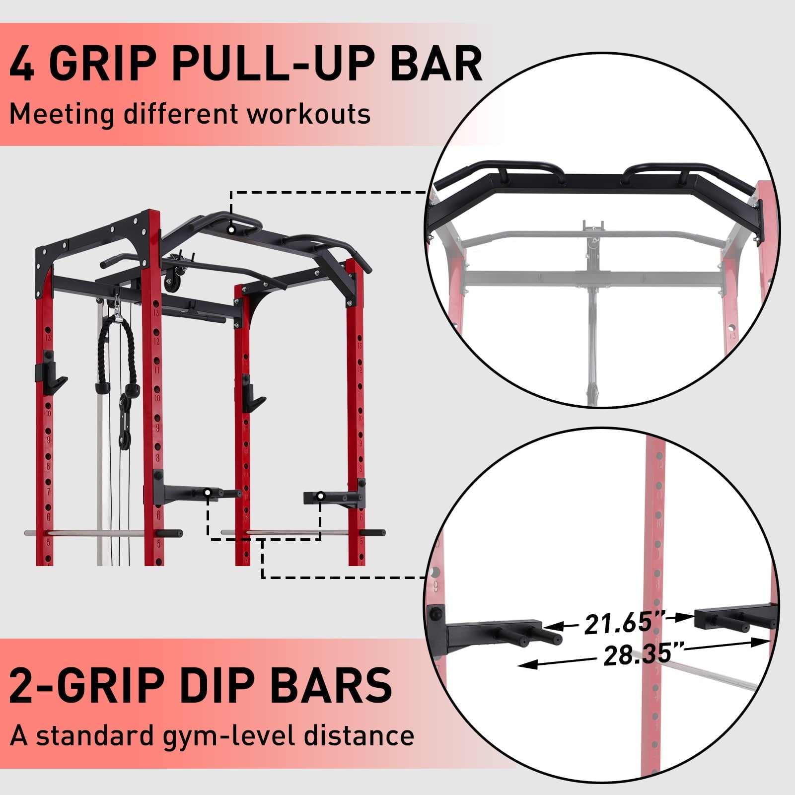 MJDB Power Cage with LAT Pulldown System,1200LBS Weight Capacity Power Rack Cage, Multi-Functional Squat Rack with 13-Level Adjustable Heights and J-Hooks, Dip Bars, Gym Equipment (Upgraded)