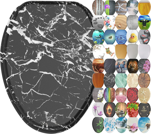 ELONGATED, Silent Slow Close, Molded Wood Adjusting Toilet Seat, Marble Black