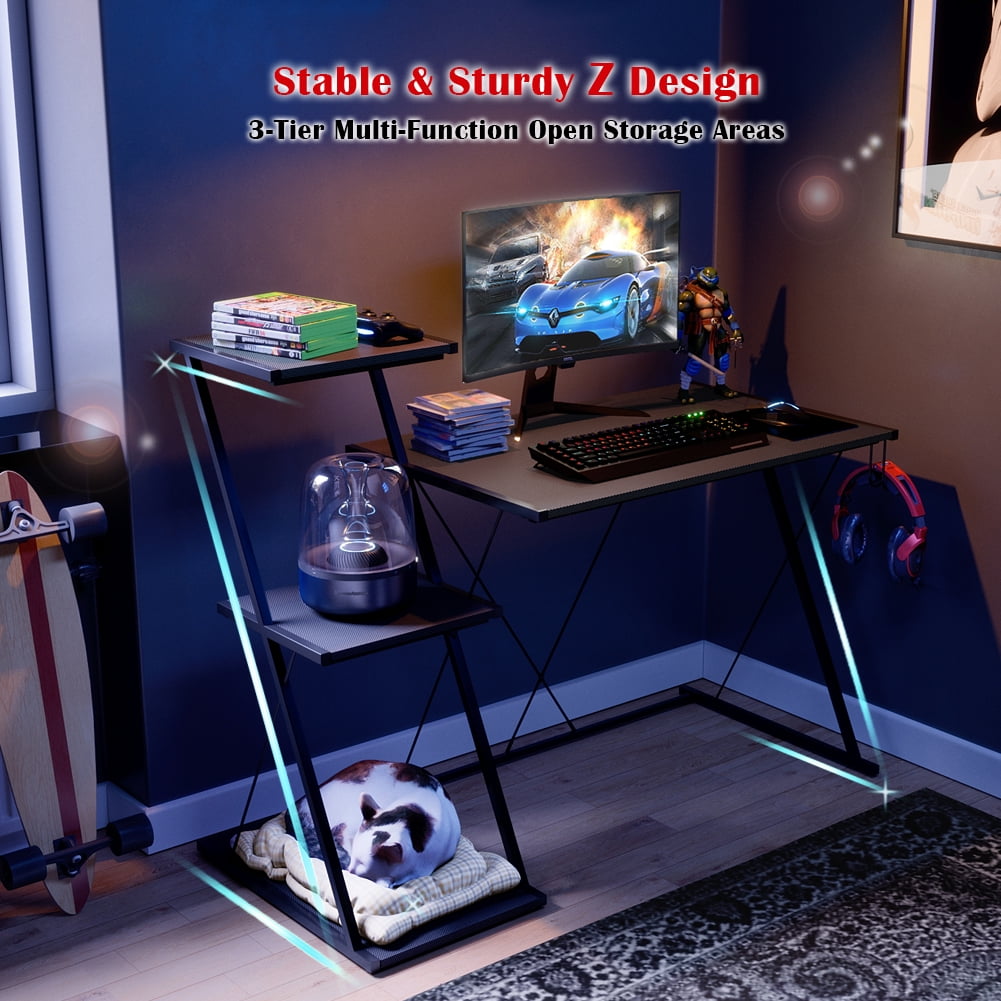 Bestier 51'' Gaming Desk with 3-Tier Open Shelf Come with Headset Hook in Black