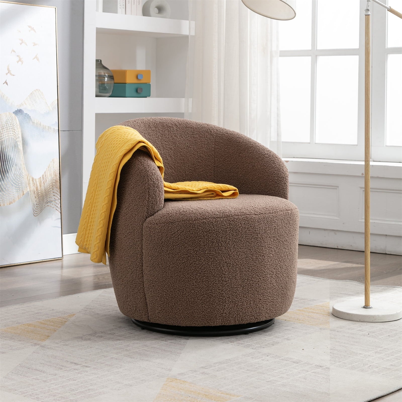 Swivel Barrel Chair, Modern Teddy Fabric Swivel Accent Barrel Chair Armchair, Upholstered Cozy Club Chairs Sofa Arm Chair for Nursery, Bedroom, Office, Hotel, Dark Blue