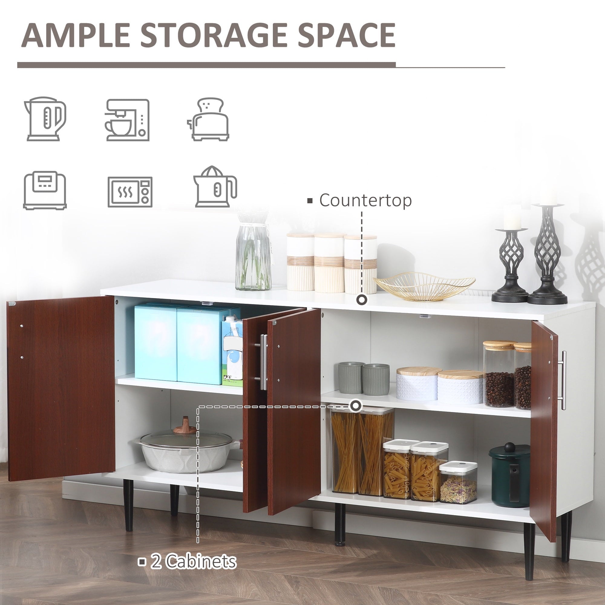 HOMCOM Modern Sideboard, Buffet Cabinet, Console Table with Adjustable Shelves, Anti-Topple Design, and Large Countertop, Brown