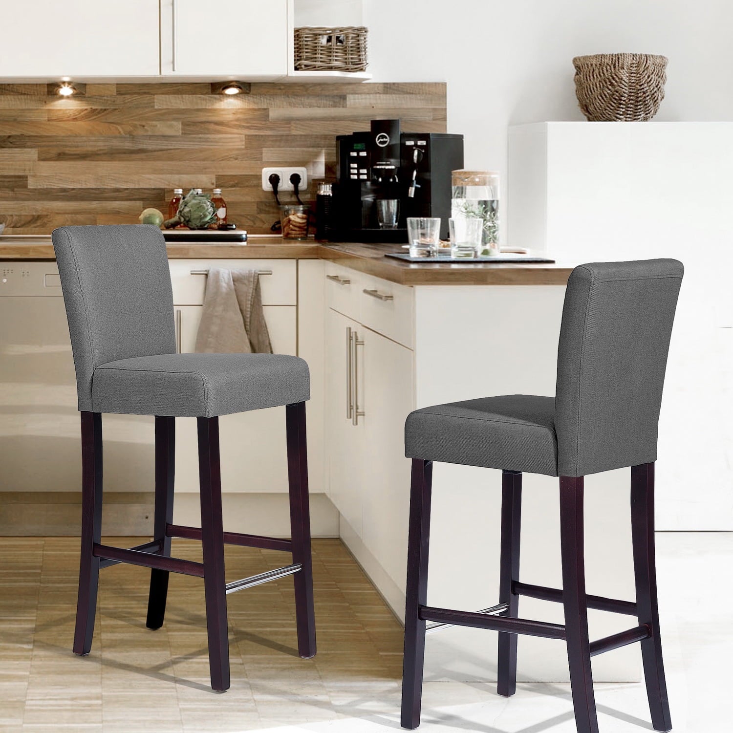 Homy Casa Set of 2 Bar Stools 28'' Upholstered Kitchen Breakfast Chairs Nailhead Bar Stools Full Back & Wood Legs, Gray