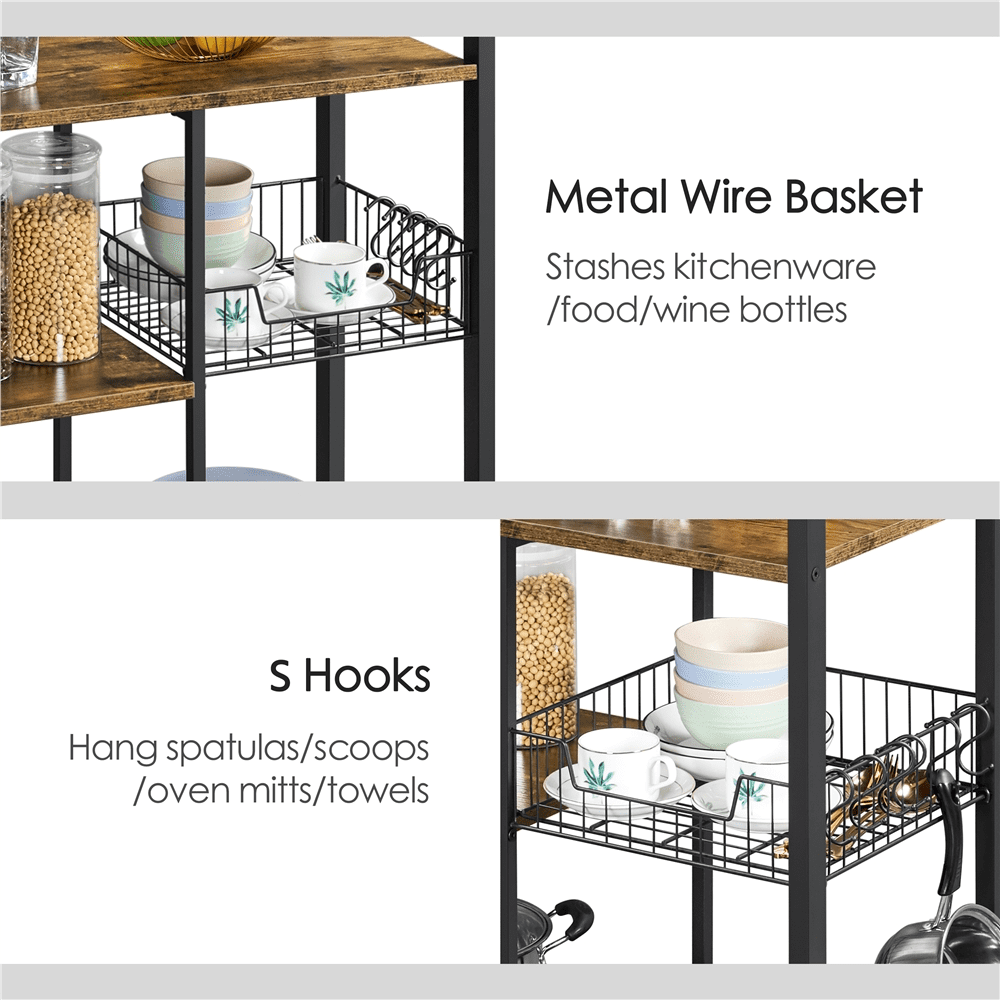 SmileMart 56″H 5-Tier Baker’s Rack with Wire Basket & Power Outlets With 6 S-shaped Hooks & Wire Basket, Rustic Brown