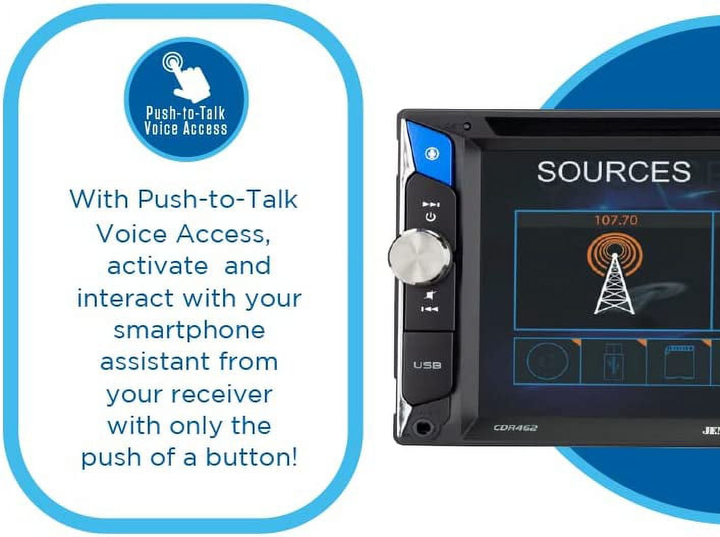 JENSEN CDR462 6.2 inch Double DIN Car Stereo Radio | LED Multimedia Touch Screen | CD & DVD Player | Push to Talk Assistant | Bluetooth | Steering Wheel Control | USB & microSD Ports