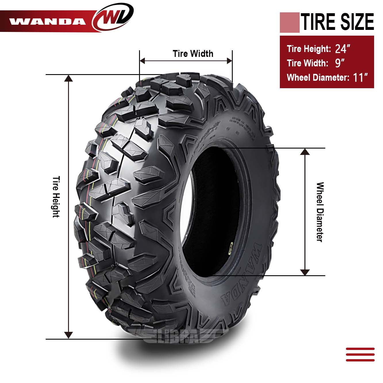 Set of 2 New WANDA ATV/UTV Tires 24x9-11 24x9x11/4PR Utra Deep Self-cleaning Tread