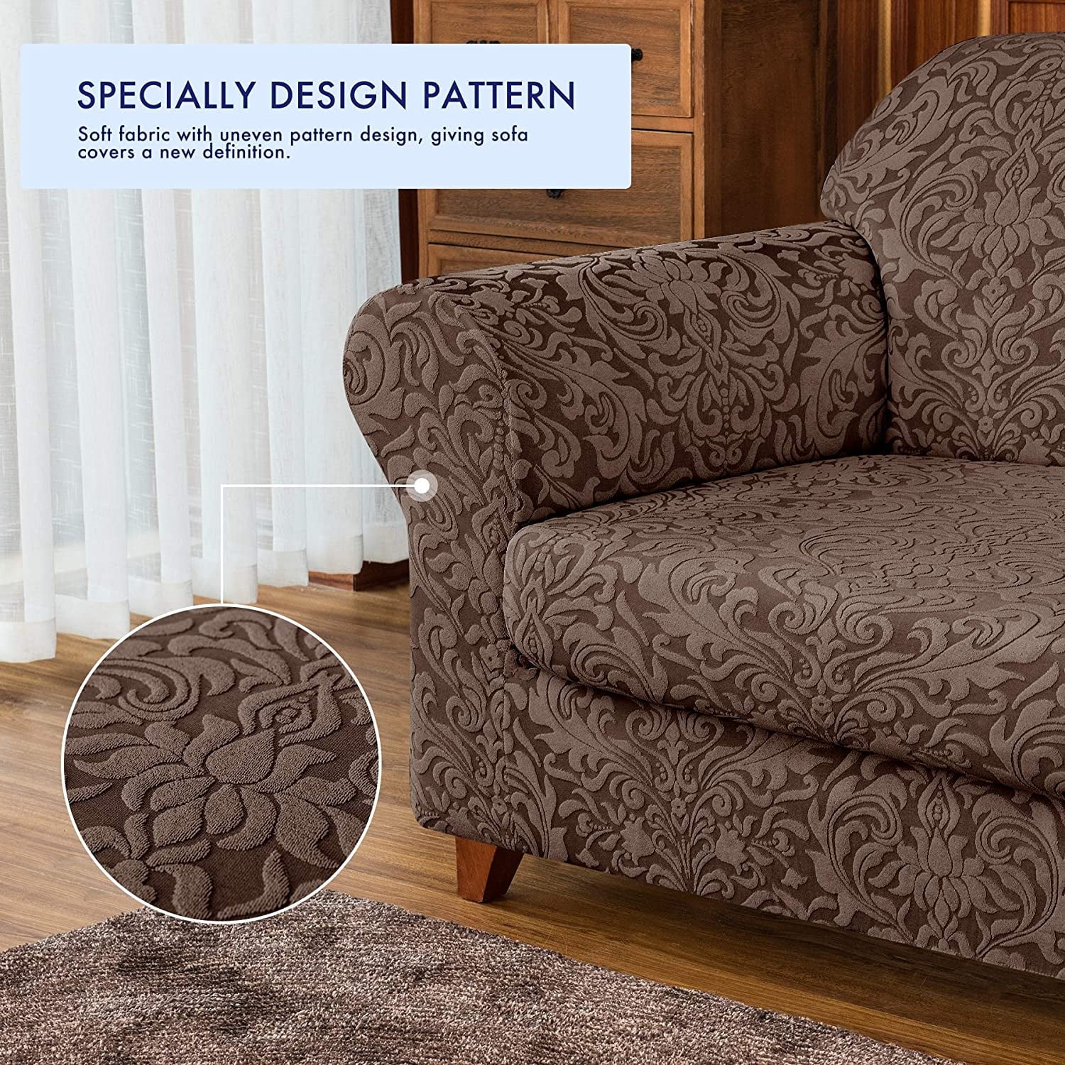 Subtrex Stretch 2-Piece Jacquard Damask Armchair Slipcover, Brown