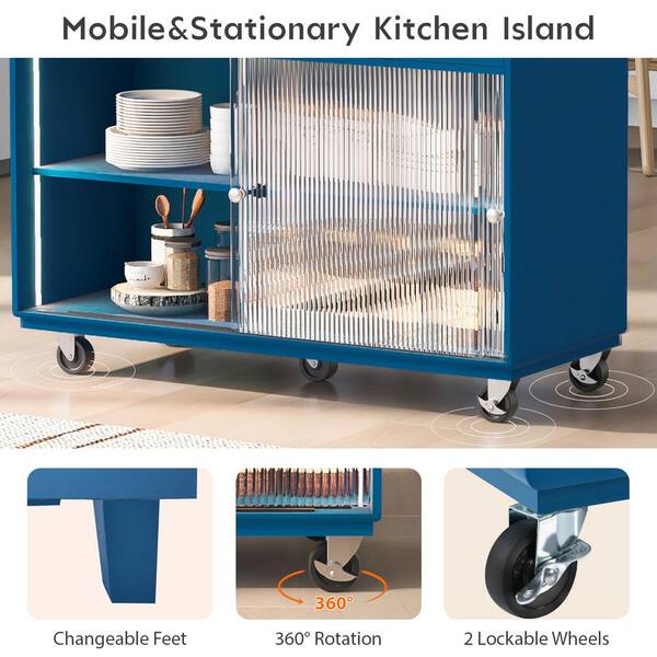 Navy Blue Solidwood Drop Leaf 44.02 in. LED Sliding Fluted Glass Doors Kitchen Island Cart with Cabinet and Open Shelf