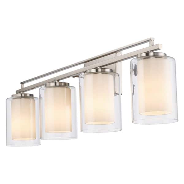 Lisbon 32 in. 4-Light Brushed Nickel Bathroom Vanity Light Fixture with Clear Glass Outer and Opal Glass Inner Shades