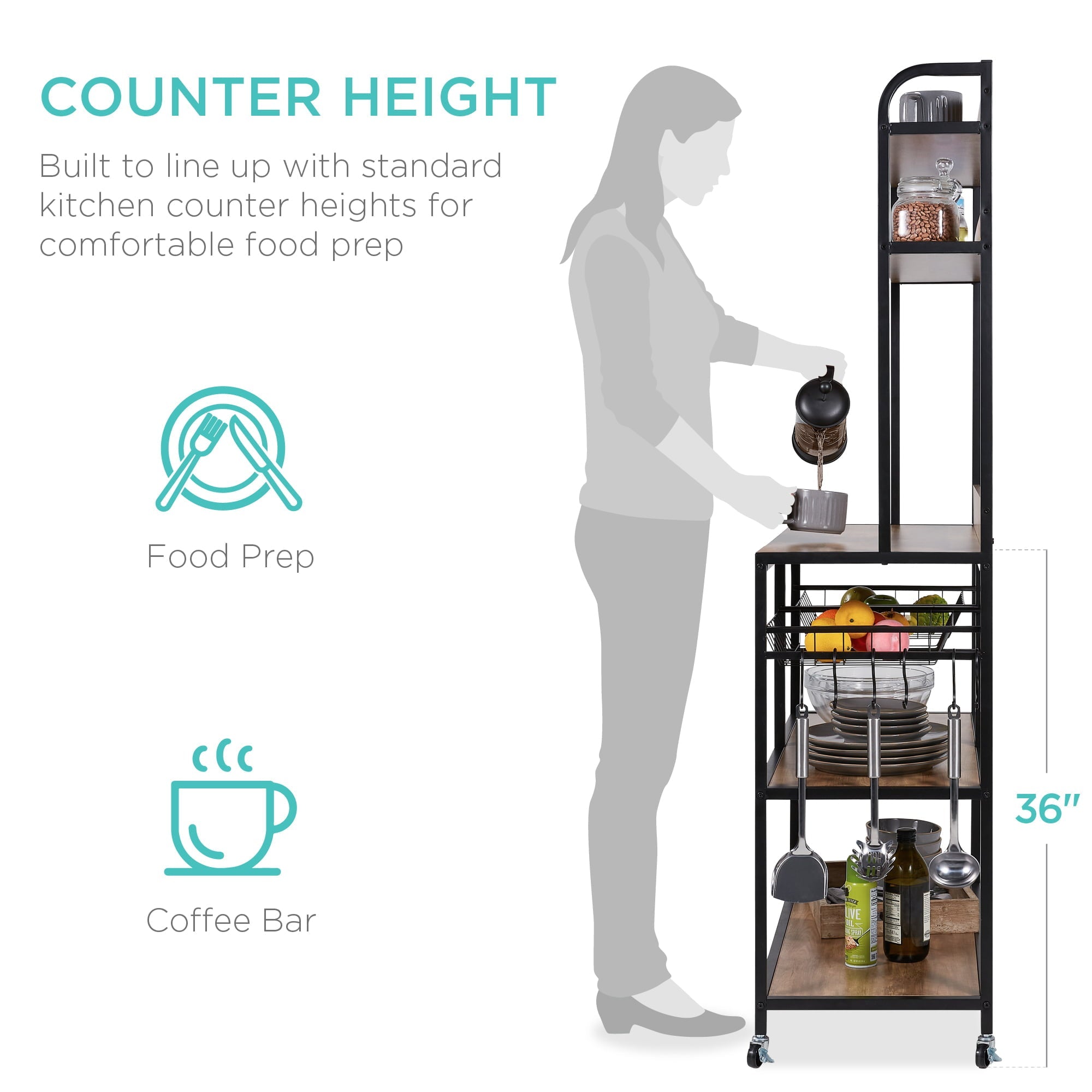 Best Choice Products 67in Counter-Height Baker's Rack w/ Locking Wheels, Adjustable Feet, 2 Wire Baskets - Brown/Black