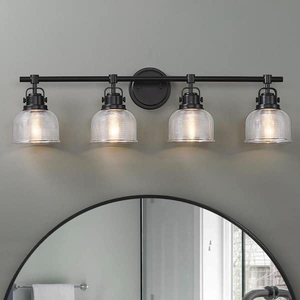 33 in. 4-Light Black Bathroom Vanity Light with Clear Prismatic Glass Shade