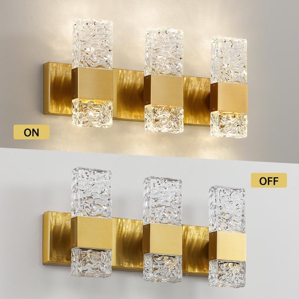 21.3 in. 3-Light Brushed Gold LED Bathroom Vanity Light with Crystal Shade
