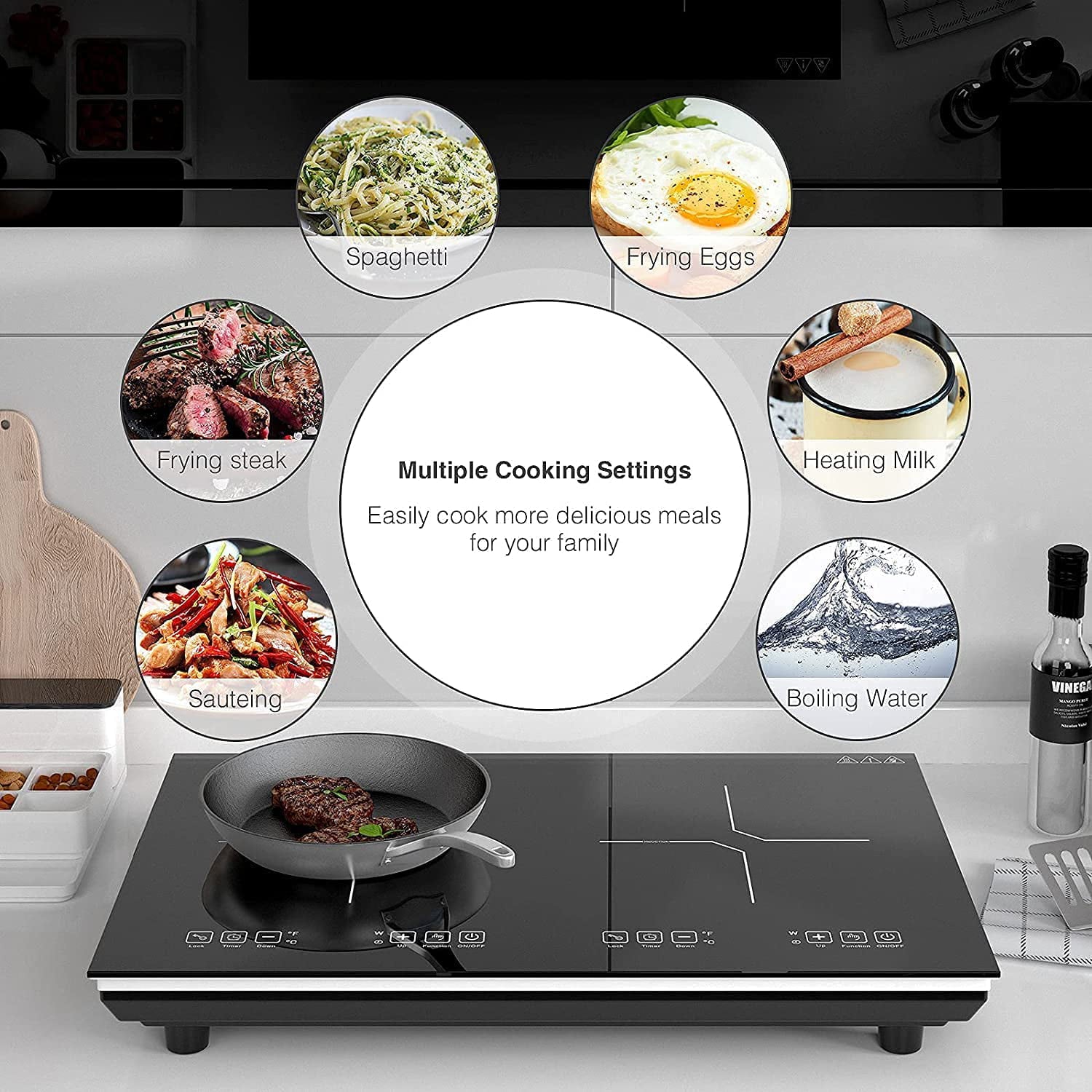 VBGK Double Induction Cooktop 24 Inch Electric Countertop 2 Burner 110V Electric Hot Plate,3H & Auto Shutdown Induction Burner,Child Lock Electric Cooktop 4000W