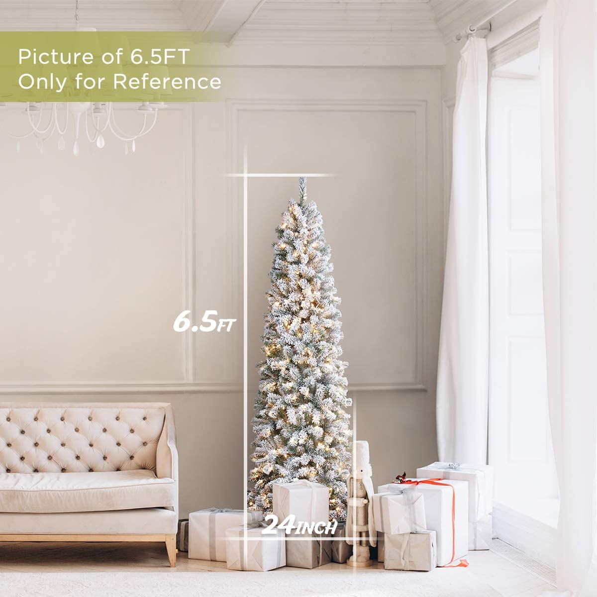 OasisCraft 6.5 Foot Prelit Snow Flocked Artificial Pencil Christmas Tree with 250 Clear Lights, Hinged Snowy Slim Xmas Tree Outdoor for Festive Holiday Decor