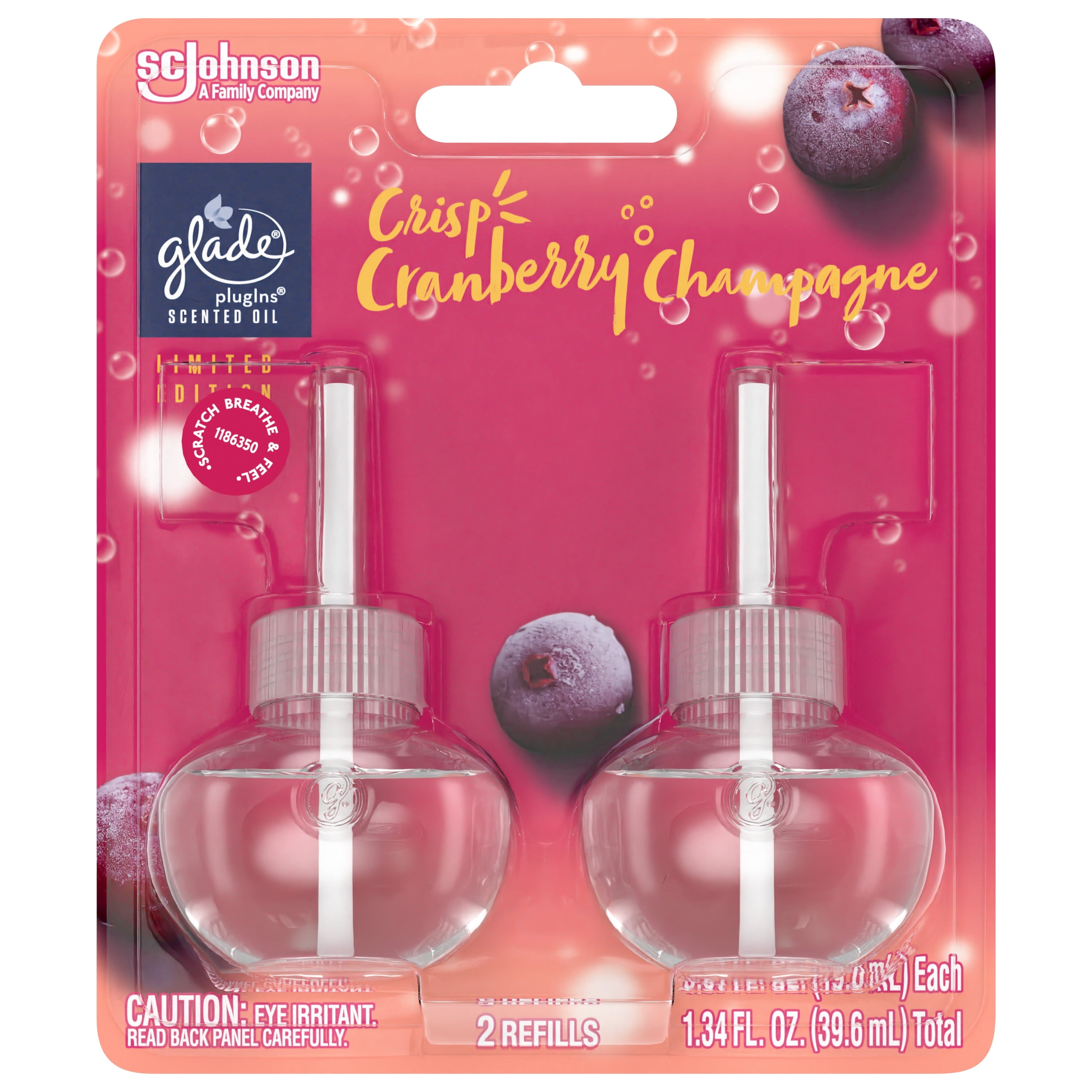 Glade PlugIns Scented Oil, 2 Refills, Crisp Cranberry Champagne, 0.67oz each, 1.34 oz Total