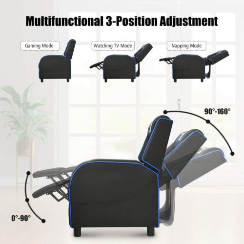 Gaming Chair Recliner Massage PU Leather Control Adjustable Side Pouch Blue