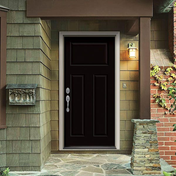 30 in. x 80 in. 3-Panel Craftsman Black Painted Steel Prehung Right-Hand Inswing Front Door w/Brickmould
