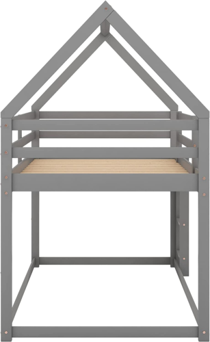 Twin over House Bunk Bed with Safety Guardrail and Ladder, Wood Loft Frame Roof