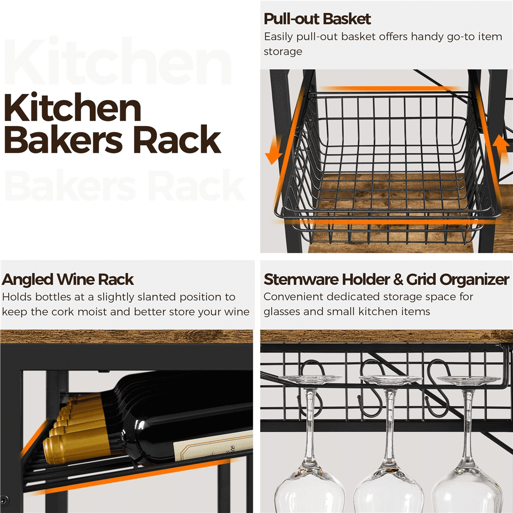 Topeakmart 71''H Industrial Baker's Rack with 12 Hooks, Wine Rack, Stemware Holder, Rustic Brown