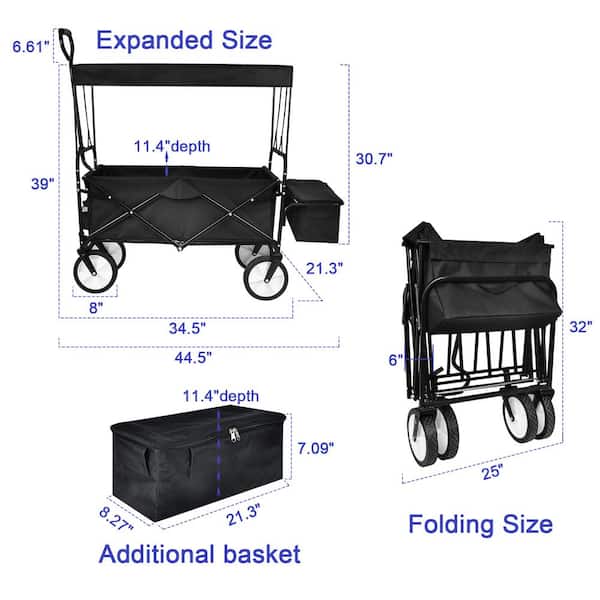 4 cu. ft. Black Steel Heavy-Duty Folding Portable Garden Cart with Removable Canopy, Adjustable Handles, Double Fabric