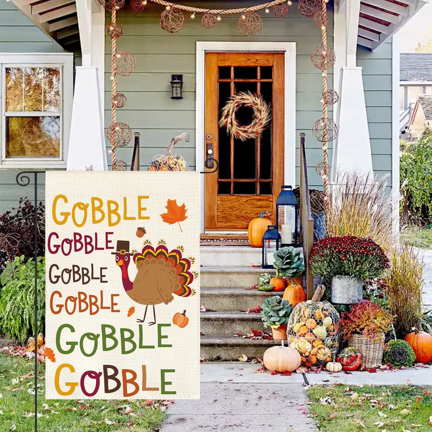 Artoid Mode Turkey Thanksgiving Gobble Gobble Burlap Garden Flag 12 x 18 Inch