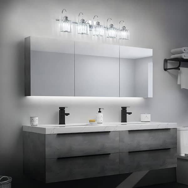 Avenlur 37.4 in. 5-Light Glam Chrome Crystal Bathroom Vanity Light Over Mirror Dimmable Linear Luxury Wall Light