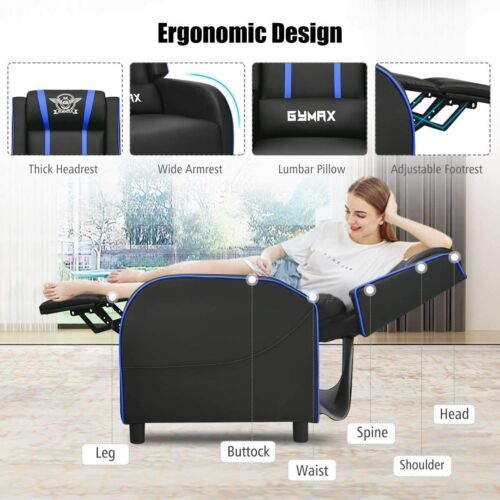 Gaming Chair Recliner Massage PU Leather Control Adjustable Side Pouch Blue