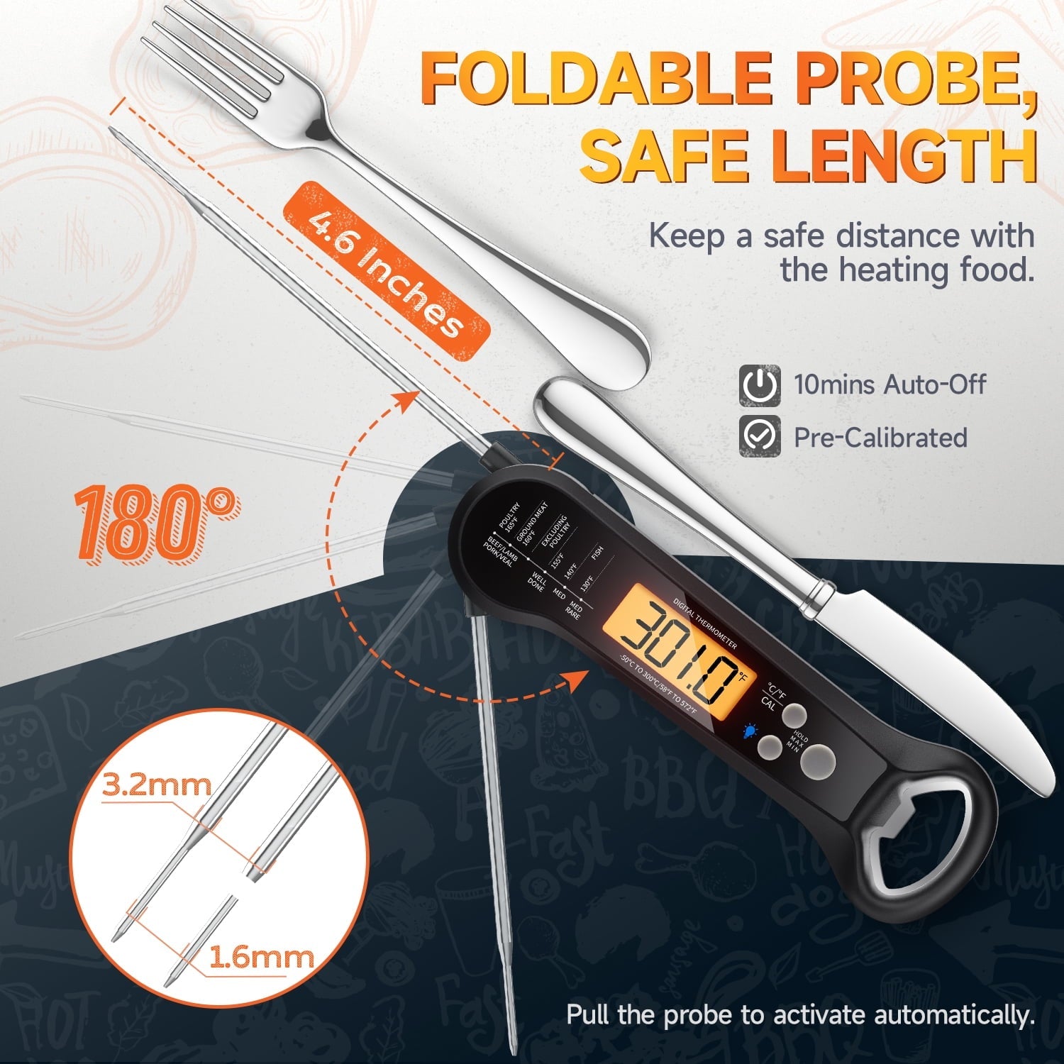 Digital Meat Thermometer with Folding Probe, IPX7 Waterproof Food Thermometer for Cooking, Instant Read Thermometer with LED Backlit Display, Bottle Cap Opener for Kitchen, BBQ, Grill