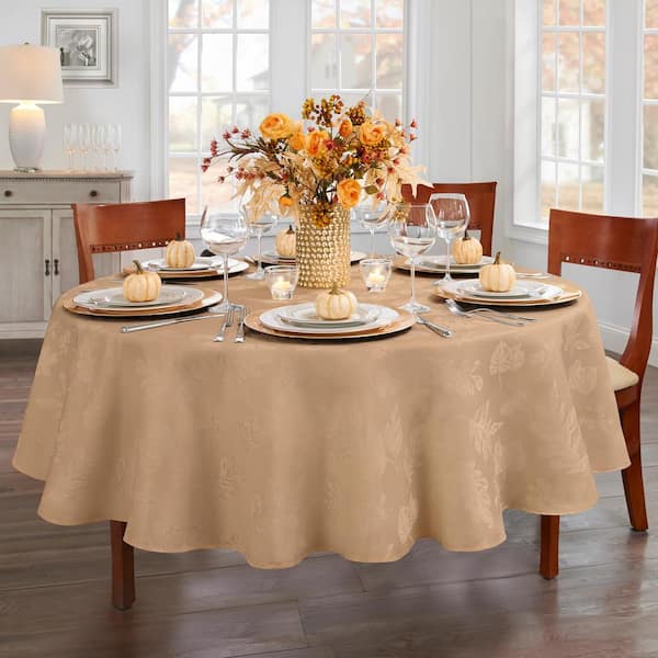 70 in. Round Taupe Elegant Woven Leaves Jacquard Damask Tablecloth