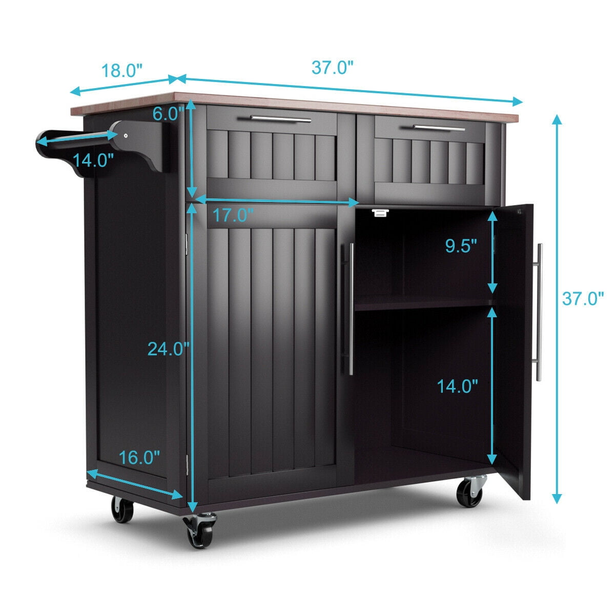 Costway Rolling Kitchen Cart Island Heavy Duty Storage Brown Trolley Cabinet Utility Modern